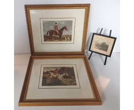 2 VICTORIAN HUNTING SCENE PRINTS c1870 FRAME SIZE 17.5" x 15.5", &amp; MINIATURE OIL COUNTRY SCENE ON EASEL FRAME SIZE 6.25" 