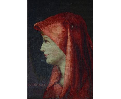 Framed tapestry. Women in a red scarf. In an oak frame. Early twentieth century. H.43 W.35 cm. 