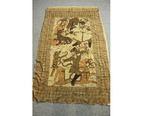 Wall hanging. Hunting scene. Naive in style and probably Persian. Showing tigers being hunted by men on horseback. Twentieth 