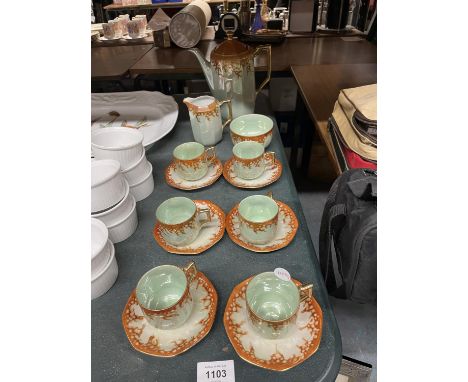 A VINTAGE CHINA COFFEE SET IN A GREEN LUSTRE WITH COPPER COLOURED DECORATION TO INCLUDE A COFFEE POT, CREAM JUG, SUGAR BOWL, 