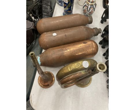 A QUANTITY OF COPPER ITEMS TO INCLUDE A BUGLE, HORN AND THREE HOT WATER BOTTLES 