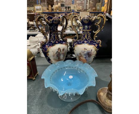 A PAIR OF VICTORIAN VASES IN COBALT BLUE WITH TRANSFER PRINT PATTERN PLUS A PALE BLUE GLASS FOOTED BOWL 