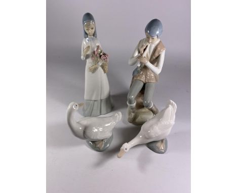 A GROUP OF FOUR ITEMS TO INCLUDE TWO NAO GEESE AND TWO LLADRO STYLE FIGURES 