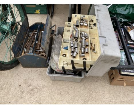 TWO TOOL BOXES CONTAINING AN ASSORTMENT OF TOOLS TO INCLUDE SOCKETS AND SPANNERS ETC 