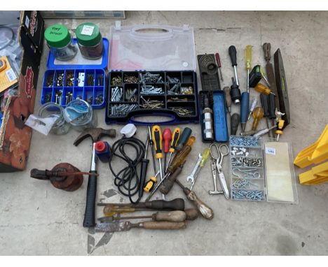 AN ASSORTMENT OF TOOLS AND HARDWARE TO INCLUDE SCREWS, A HAMMER, A SOLDERING IRON AND SCREW DRIVERS ETC 