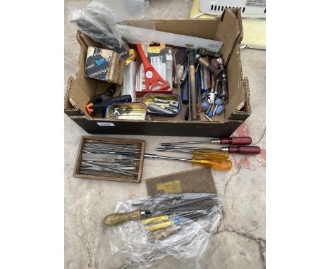 AN ASSORTMENT OF TOOLS AND HARDWARE TO INCLUDE FILES AND SOCKETS ETC 