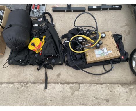 A LARGE QUANTITY OF SCUBA DIVING EQUIPMENT TO INCLUDE A ZEAGLE TEC WING OTTER UNDER SUIT (M) AND A WOLLIS FULL SIDE MOUNT SET