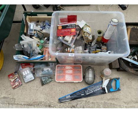 A LARGE ASSORTMENT OF TOOLS AND HARDWARE TO INCLUDE NAILS AND SCREWS ETC 
