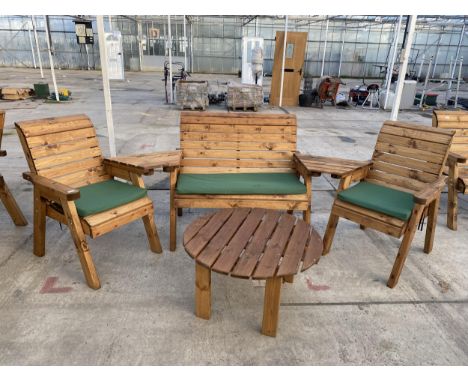 AN AS NEW EX DISPLAY CHARLES TAYLOR PATIO SET COMPRISING OF A BENCH, TWO CHAIRS, A ROUND COFFEE TABLE AND TWO ARM TABLES *PLE