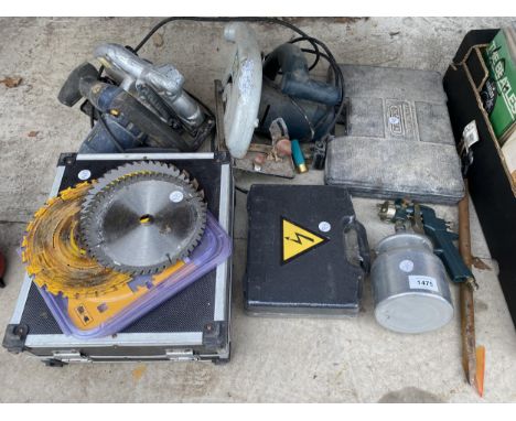 AN ASSORTMENT OF TOOLS TO INCLUDE TWO RIP SAWS, BLADES AND COMPRESSOR FITTINGS ETC 