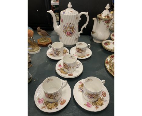 A VINTAGE AYNSLEY 'SUMMERTIME' PART COFFEE SET TO INCLUDE A COFFEE POT, FIVE COFFEE CANS AND SIX SAUCERS 