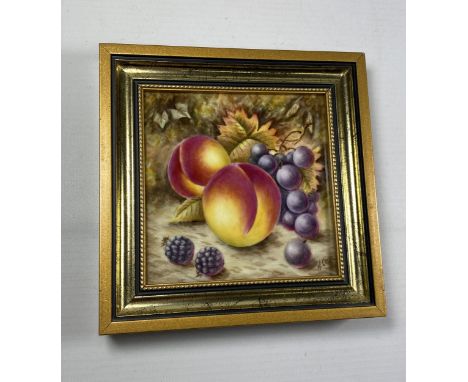 A ROYAL WORCESTER HAND PAINTED FRUIT &amp; BERRIES PORCELAIN PLAQUE, SIGNED NIGEL CREED, 13 X 13CM 