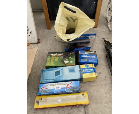 AN ASSORTMENT OF TOOLS TO INCLUDE A PIPE BENDER, AIRBRUSH AND A CAMBER GUAGE ETC 