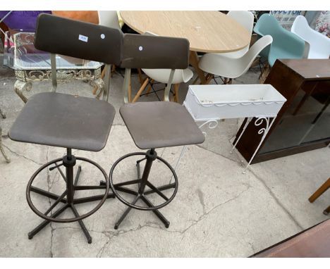 A PAIR OF 'PEL FORME SERIES' (1983) INDUSTRIAL SWIVEL HIGH BACK STOOLS AND METAL PLANT TROUGH ON STAND 