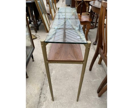 A MODERN METAL FRAMED CONSOLE TABLE WITH GLASS TOP, 42" WIDE 