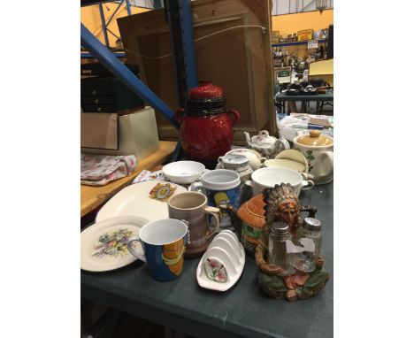 A LARGE QUANTITY OF CERAMIC ITEMS TO INCLUDE A RUMPTOFF, TEAPOTS, PLATES, MINTON CUPS, ETC 