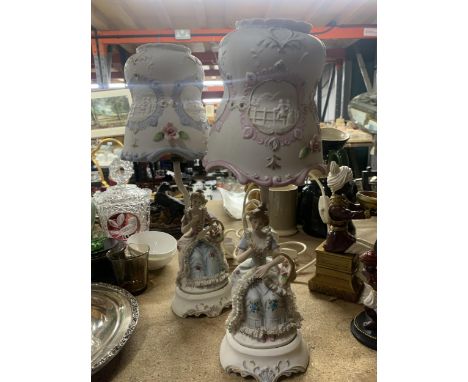 A PAIR OF CERAMIC TABLE LAMPS WITH FIGURES TO THE BASE AND CERAMIC SHADES HEIGHT 36CM 