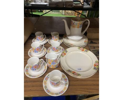 A RETRO MAYFAIR POTTERY COFFEE SET TO INCLUDE A COFFEE POT, CREAM JUG, SUGAR BOWL, CUPS AND SAUCERS PLUS A QUANTITY OF CROWNF