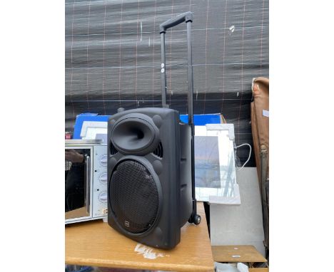 A QTX PORTABLE SPEAKER SYSTEM WITH WHEELED TROLLEY 