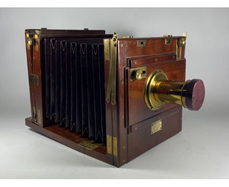 A C.1870 MEAGHER, LONDON WHOLE PLATE TRANSITIONAL TAILBOARD CAMERA WITH CASE AND ASSORTED WOODEN PLATES, LENS AND FURTHER ACC