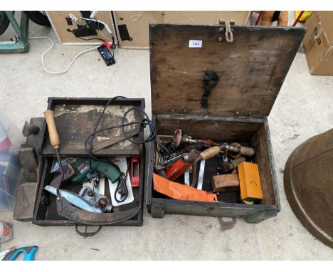 TWO VINTAGE WOODEN TOOL CHEST CONTAINING AN ASSORTMENT OF TOOLS TO INCLUDE BRACE DRILLS, A RASP AND A BOSCH ELECTRIC DRILL ET