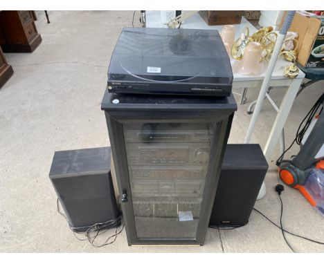 AN AIWA STEREO SYSTEM COMPRISING OF A RECORD DECK, CD PLAYER, STEREO RECIEVER, CASSETTE DECK AND A PAIR OF SPEAKERS ETC 