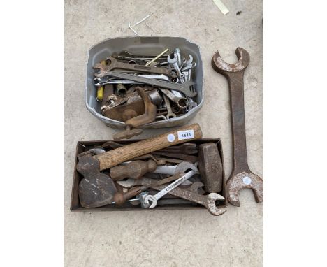 AN ASSORTMENT OF VINTAGE TOOLS TO INCLUDE SPANNERS AND AN AXE ETC 