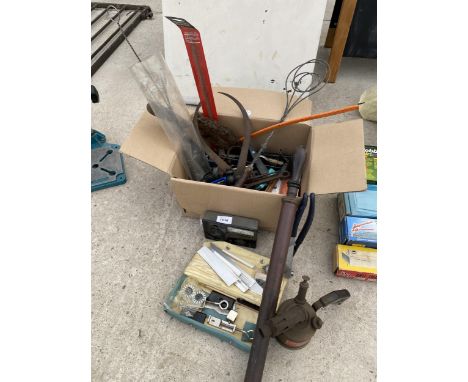 AN ASSORTMENT OF TOOLS TO INCLUDE CALIPERS, A BLOW TORCH AND CLAMPS ETC 