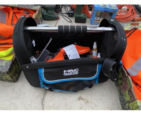 A MACALLISTER TOOL BAG AND AN ASSORTMENT OF TOOLS TO INCLUDE WINDOW GRIPPERS AND DRILL BITS ETC 