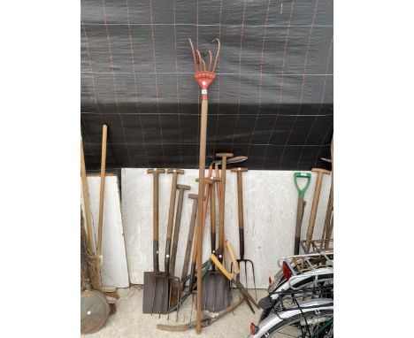 AN ASSORTMENT OF GARDEN TOOLS TO INCLUDE FORKS, SPADES AND A SHOVEL ETC 