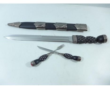 A SCOTTISH DIRK AND SCABBARD, KNIFE AND FORK, 29CM BLADE 