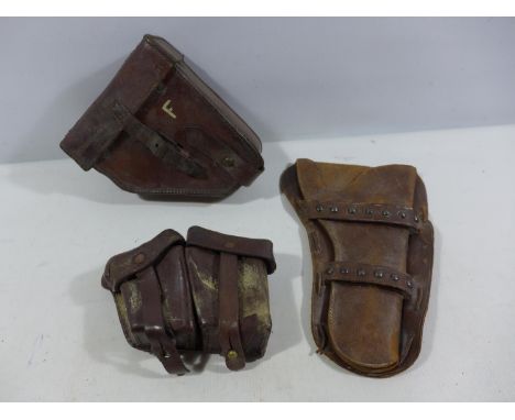 A LEATHER HOLSTER, LEATHER CARTRIDGE POUCHES AND A CLINOMETER CASE (3) 