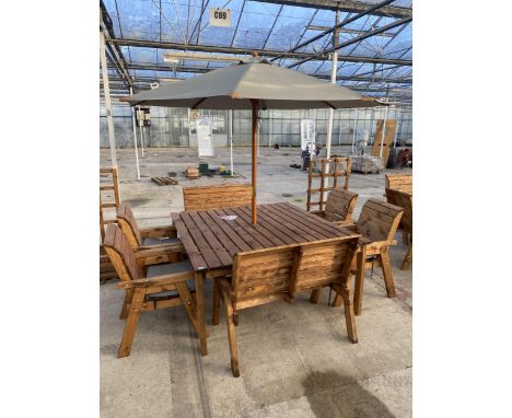 AN AS NEW EX DISPLAY CHARLES TAYLOR PATIO FURNITURE SET COMPRISING OF A LARGE SQUARE TABLE, FOUR CHAIRS, TWO BENCHES AND A PA