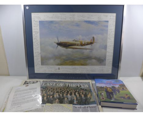 A RARE AND UNIQUE BATTLE OF BRITAIN COLOUR PRINT OF "LONE PATROL". THE IMAGE OF A SPITFIRE IS SIGNED BY 109 FORMER BATTLE OF 