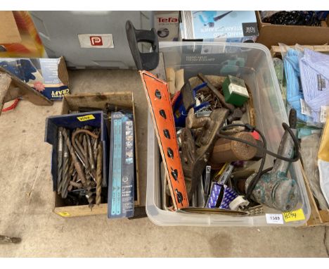 AN ASSORTMENT OF TOOLS TO INCLUDE A SAW, FOOT PUMP AND DRILL BITS ETC 
