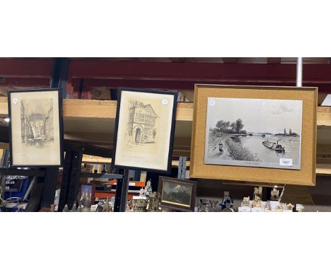 THREE PICTURES TO INCLUDE A RIVER SCENE, A BLACK AND WHITE PRINT OF LANCASTER AND HALL-i'-th'- WOOD, BOLTON-LE-MOORS 