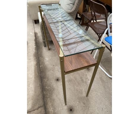 A MODERN METAL FRAMED CONSOLE TABLE WITH GLASS TOP, 42" WIDE 