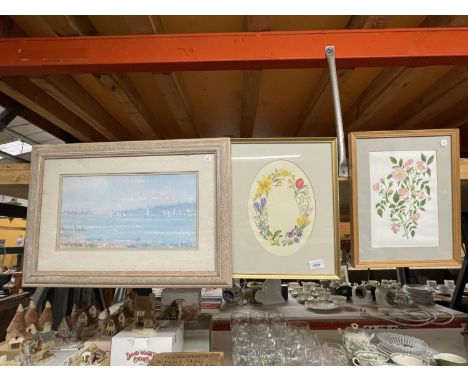 TWO FRAMED WATERCOLOURS OF FLOWERS PLUS A FRAMED BRENDA MITCHELL PRINT 