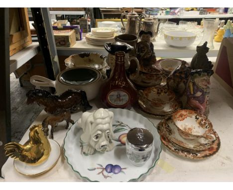 A LARGE QUANTITY OF CERAMIC ITEMS TO INCLUDE BESWICK HORSES - A/F - VINTAGE TRIOS, TOBY JUGS, A ROYAL WORCESTER EGG CODDLER, 
