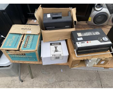 AN ASSORTMENT OF ITEMS TO INCLUDE A SHARP TAPE TO TAPE PLAYER, A HANIMEX SLIDE PROJECTOR AND A DIASTAR 200 ETC 