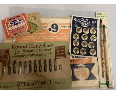 A QUANTITY OF VINTAGE SHOP ITEMS ON CARDS TO INCLUDE COLLAR STUDS, PEN NIBS, ARTISTS PAINT BRUSHES, ETC 