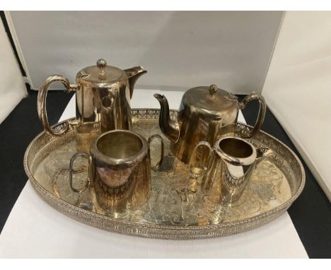 A SILVER PLATED GALLERY TRAY PLUS 'HASTINGS PLATE' COFFEE AND TEAPOT, CREAM JUG AND SUGAR BOWL 