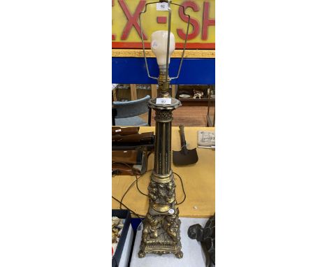 A VINTAGE  GILT METAL CHERUB DESIGN LAMP BASE, HEIGHT 63CM INCLUDING FITTING 
