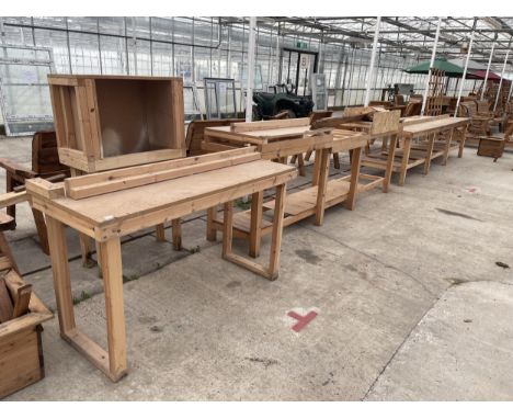 A LARGE ASSORTMENT OF WOODEN WORK BERNCHES *PLEASE NOTE FULL VAT ON THIS ITEM* 