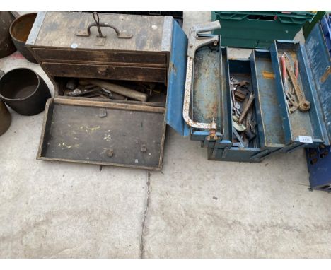 TWO  VINTAGE TOOL BOXES AND AN ASSORTMENT OF TOOLS TO INCLUDE SPANNERS ETC 