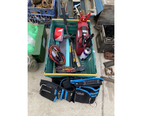 AN ASSORTMENT OF TOOLS TO INCLUDE JUMP LEADS AND HAMMERS ETC 