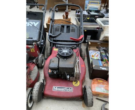 A MOUNTFIELD PETROL ENGINE LAWN MOWER WITH GRASS BOX 