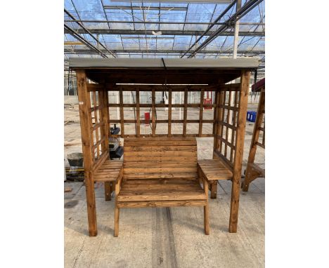 AN AS NEW EX DISPLAY CHARLES TAYLOR TWO SEATER BENCH WITH CANOPY AND SIDE TABLES *PLEASE NOTE VAT TO BE CHARGED ON THIS ITEM*
