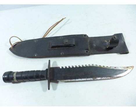 A SURVIVAL KNIFE AND SCABBARD, 25CM BOWIE BLADE 