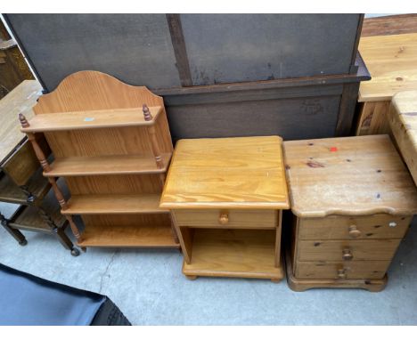 TWO MODERN PINE BEDSIDE CHESTS AND A FOUR TIER OPEN BOOK SHELF 